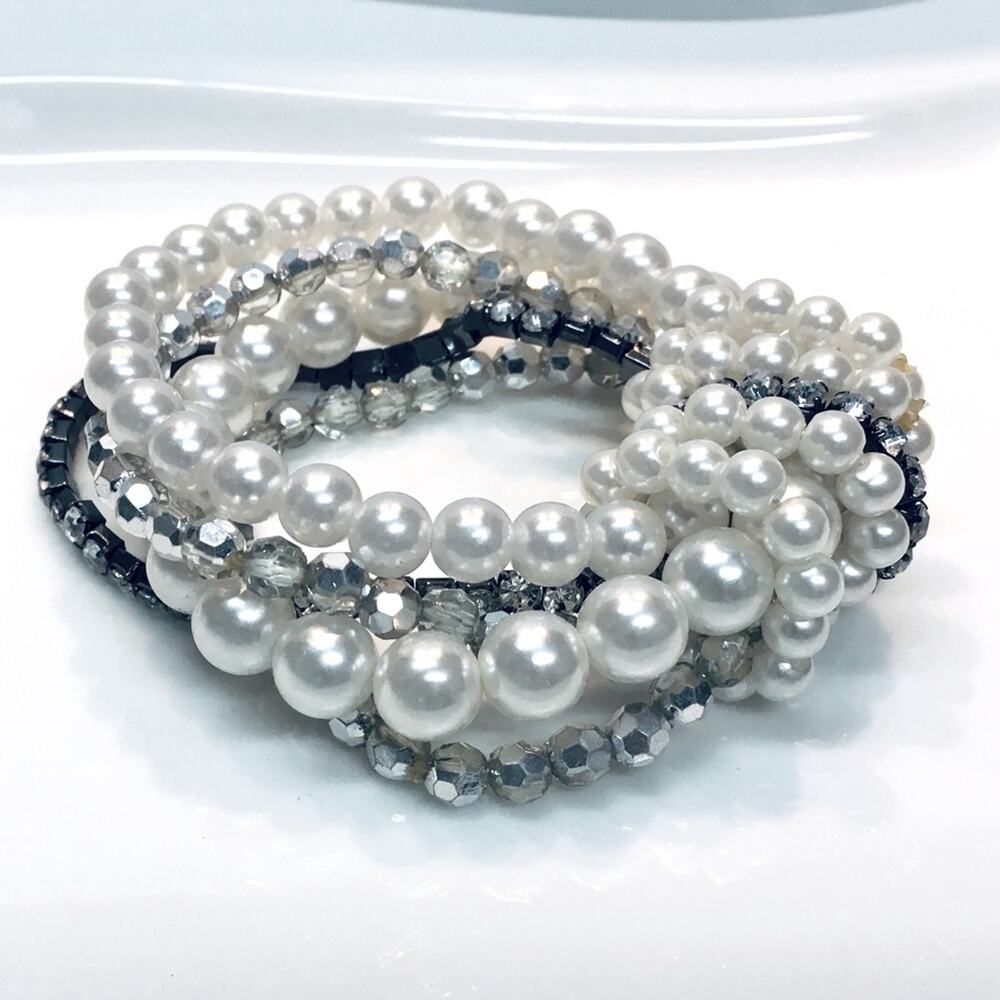 Faux Pearls and Rhinestones 5-strand Stretch Bracelet